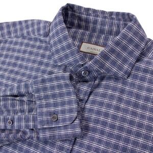 Canali Mens L Blue Check Plaid LS Button‎ Front Shirt Made in Italy 100% Cotton
